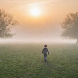 A young boy walking on the grass in a foggy morning, with a stunning sunrise in the background