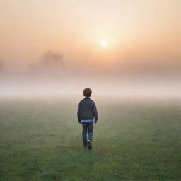 A young boy walking on the grass in a foggy morning, with a stunning sunrise in the background