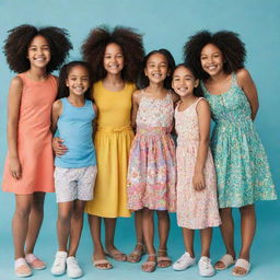 A diverse group of girls of varying ages all smiling joyfully. Their outfits should reflect their vibrant and unique personalities.