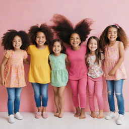 A diverse group of girls of varying ages all smiling joyfully. Their outfits should reflect their vibrant and unique personalities.