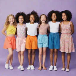 A diverse group of girls of varying ages all smiling joyfully. Their outfits should reflect their vibrant and unique personalities.