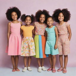 A diverse group of girls of varying ages all smiling joyfully. Their outfits should reflect their vibrant and unique personalities.