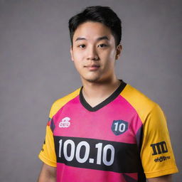 An eSports player named DUMBOO, wearing a vibrant jersey with the number 10 imprinted in a bold font.