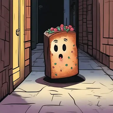 The fruitcake stood silently in the dark alley, its eyes gleaming with an eerie glow.