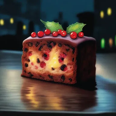 The fruitcake stood silently in the dark alley, its eyes gleaming with an eerie glow.