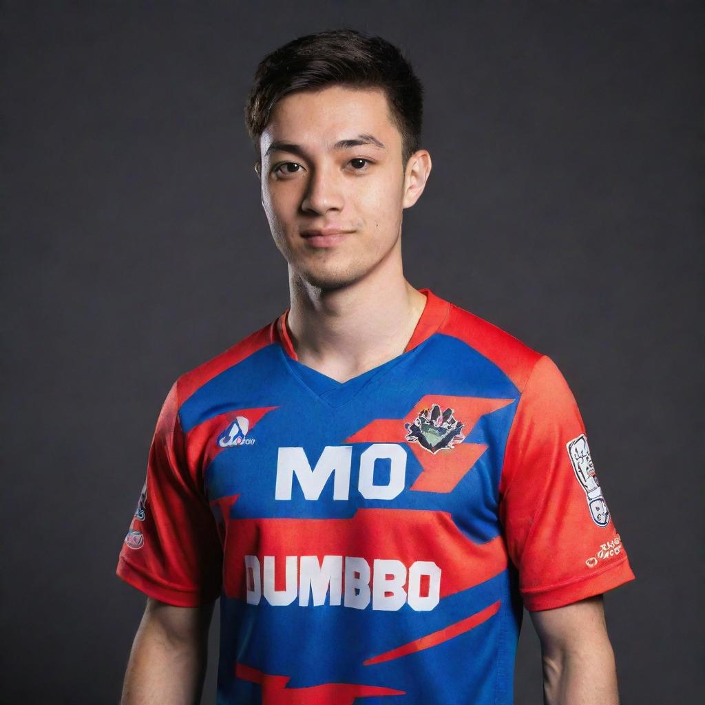 An eSports player named DUMBOO, wearing a vibrant jersey with the number 10 imprinted in a bold font.