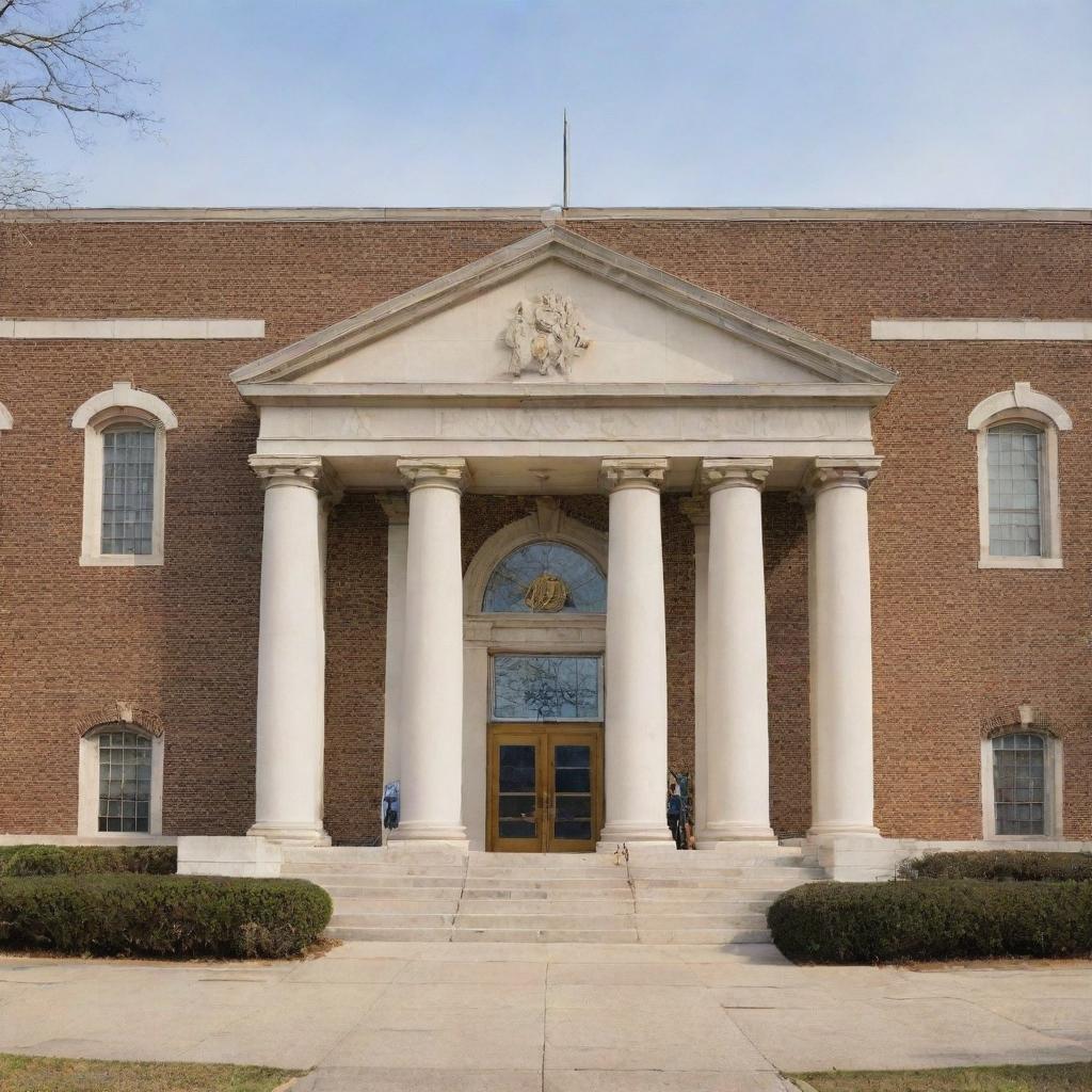 Enormous white and gold high school building featuring large, bold 'JSA' letters affixed to the exterior and adorned with a distinguished looking statue