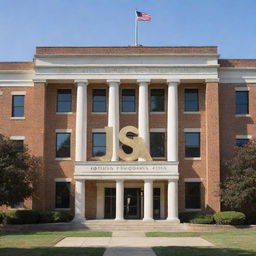 Enormous white and gold high school building featuring large, bold 'JSA' letters affixed to the exterior and adorned with a distinguished looking statue