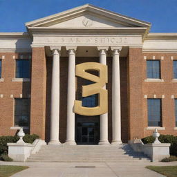 Enormous white and gold high school building featuring large, bold 'JSA' letters affixed to the exterior and adorned with a distinguished looking statue