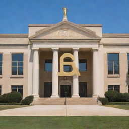 Enormous white and gold high school building featuring large, bold 'JSA' letters affixed to the exterior and adorned with a distinguished looking statue