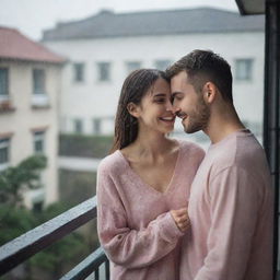 A young woman blushing and chatting with her boyfriend on a balcony, under the soft rainfall. She's in a comfortable outfit, savoring the fresh scent and the soothing sound of rain.