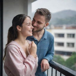 A young woman blushing and chatting with her boyfriend on a balcony, under the soft rainfall. She's in a comfortable outfit, savoring the fresh scent and the soothing sound of rain.