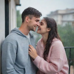 A young woman blushing and chatting with her boyfriend on a balcony, under the soft rainfall. She's in a comfortable outfit, savoring the fresh scent and the soothing sound of rain.