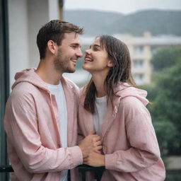 A young woman blushing and chatting with her boyfriend on a balcony, under the soft rainfall. She's in a comfortable outfit, savoring the fresh scent and the soothing sound of rain.