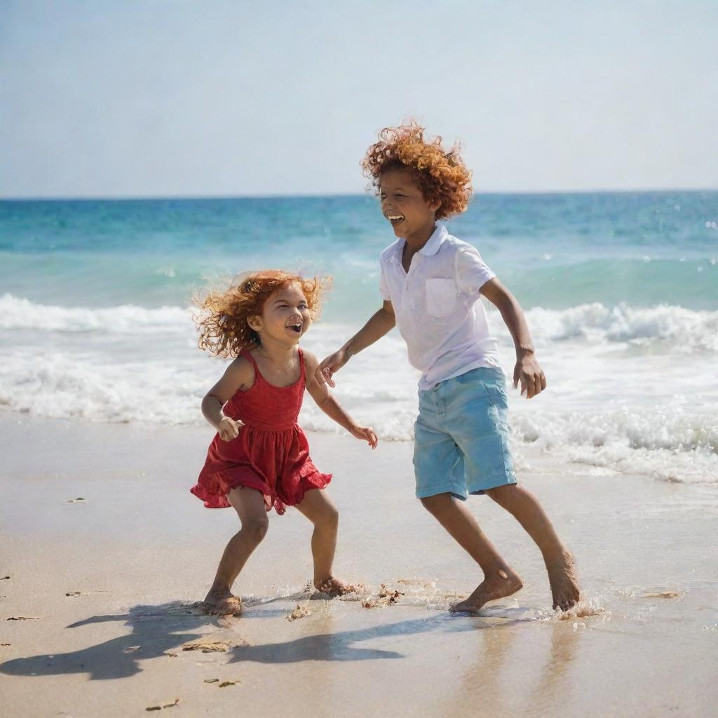 An Indian boy and a red-haired girl playing joyfully on a sun-drenched beach, with azure waves crashing in the background.