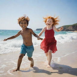 An Indian boy and a red-haired girl playing joyfully on a sun-drenched beach, with azure waves crashing in the background.