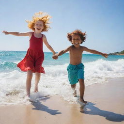 An Indian boy and a red-haired girl playing joyfully on a sun-drenched beach, with azure waves crashing in the background.