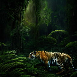 The previous image of an astronaut wandering through the lush rainforest, now woven in with a majestic, prowling tiger in the foreground.