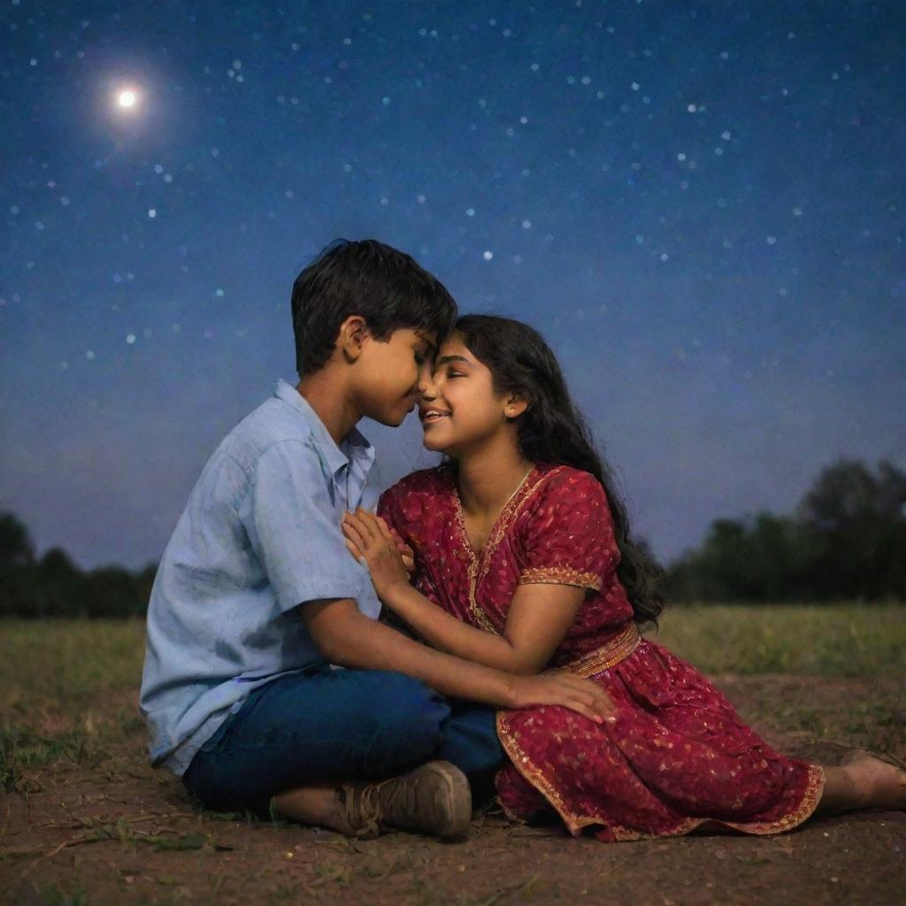 A young Indian boy and American girl, deeply in love, sitting together under a starlit sky, their hands entwined, sharing a tender moment.