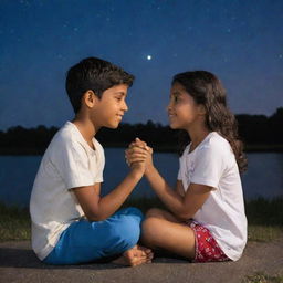 A young Indian boy and American girl, deeply in love, sitting together under a starlit sky, their hands entwined, sharing a tender moment.