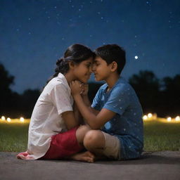 A young Indian boy and American girl, deeply in love, sitting together under a starlit sky, their hands entwined, sharing a tender moment.