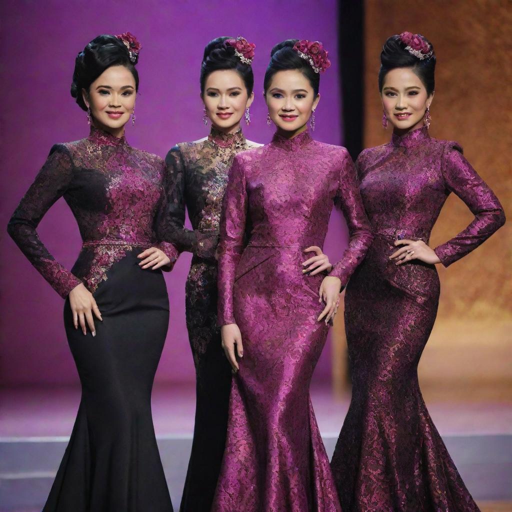 Three Indonesian women, each distinct, with sleek black updo hairstyles, donning unique black fuschia swarovski long-sleeve batik evening gowns. They are poised on a glimmering pageant stage, standing confidently in high heels.