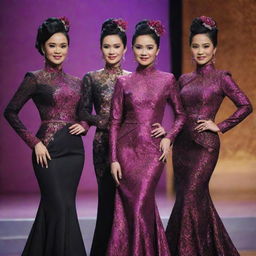 Three Indonesian women, each distinct, with sleek black updo hairstyles, donning unique black fuschia swarovski long-sleeve batik evening gowns. They are poised on a glimmering pageant stage, standing confidently in high heels.