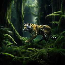 The previous image of an astronaut wandering through the lush rainforest, now woven in with a majestic, prowling tiger in the foreground.