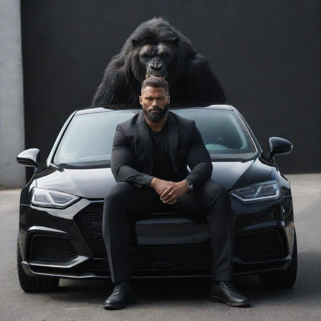 A strong, powerful individual resembling a beast, seated confidently at the front of a sleek, black car.