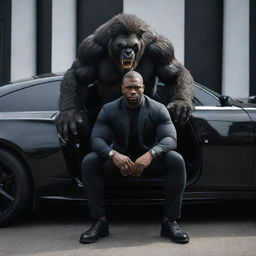 A strong, powerful individual resembling a beast, seated confidently at the front of a sleek, black car.