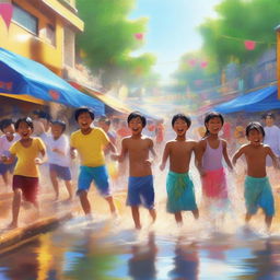 A high-quality digital art image depicting a lively water festival