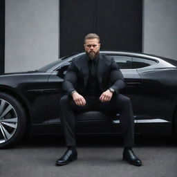 A strong, powerful individual resembling a beast, seated confidently at the front of a sleek, black car.