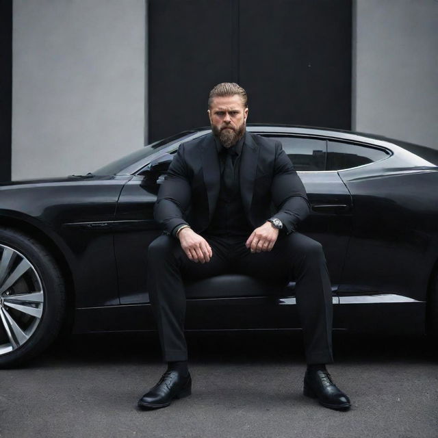 A strong, powerful individual resembling a beast, seated confidently at the front of a sleek, black car.