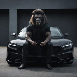 A strong, powerful individual resembling a beast, seated confidently at the front of a sleek, black car.