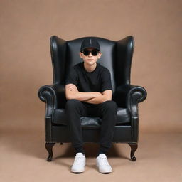 Generate a 3D illusion image of a boy dressed in a black shirt and sneakers, wearing a black cricket cap and sunglasses. He is seated casually on a Wingback Chair, looking straight ahead.