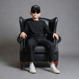 Generate a 3D illusion image of a boy dressed in a black shirt and sneakers, wearing a black cricket cap and sunglasses. He is seated casually on a Wingback Chair, looking straight ahead.