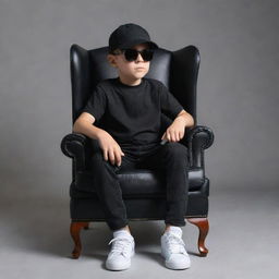 Generate a 3D illusion image of a boy dressed in a black shirt and sneakers, wearing a black cricket cap and sunglasses. He is seated casually on a Wingback Chair, looking straight ahead.