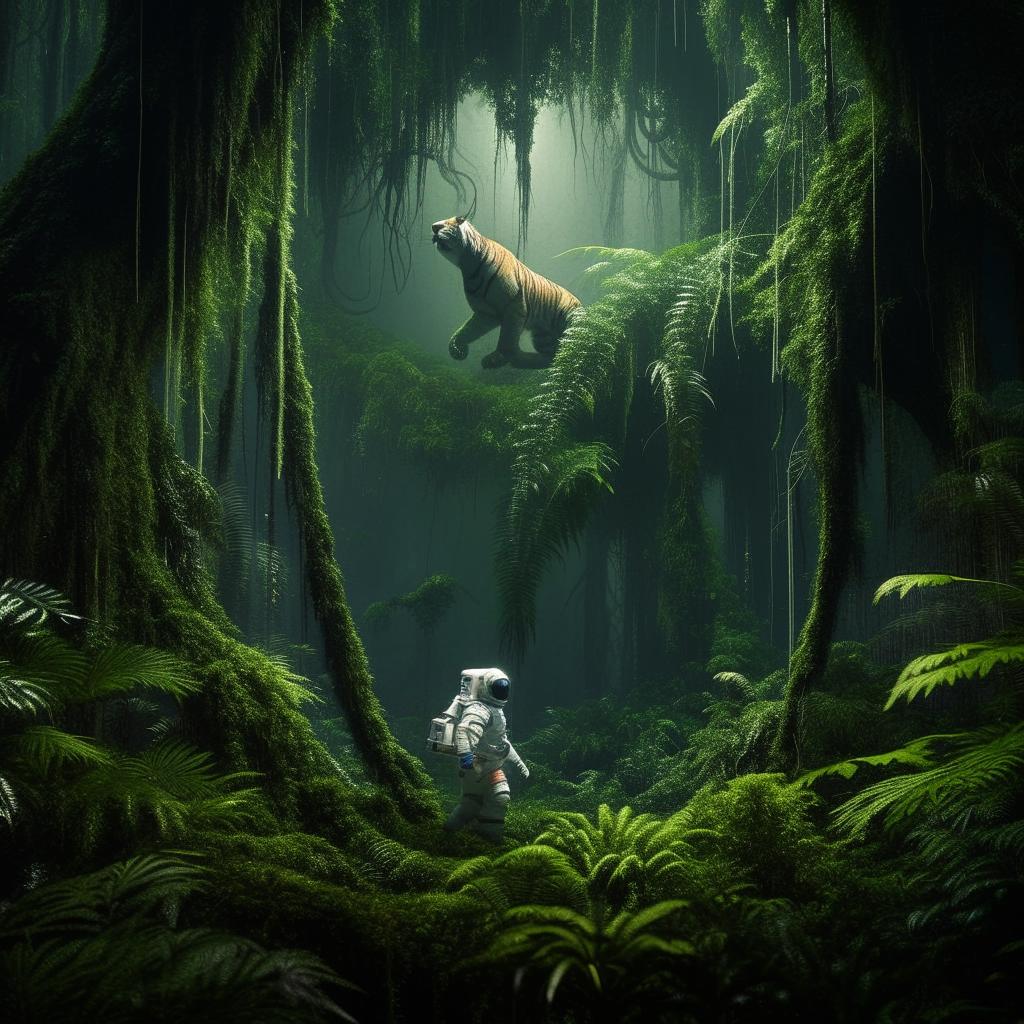 The previous image of an astronaut wandering through the lush rainforest, now woven in with a majestic, prowling tiger in the foreground.