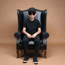 Generate a 3D illusion image of a boy dressed in a black shirt and sneakers, wearing a black cricket cap and sunglasses. He is seated casually on a Wingback Chair, looking straight ahead.