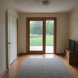 Front view of a house interior with the main door positioned to the left and the remainder of the space filled with a window and a TV stand.