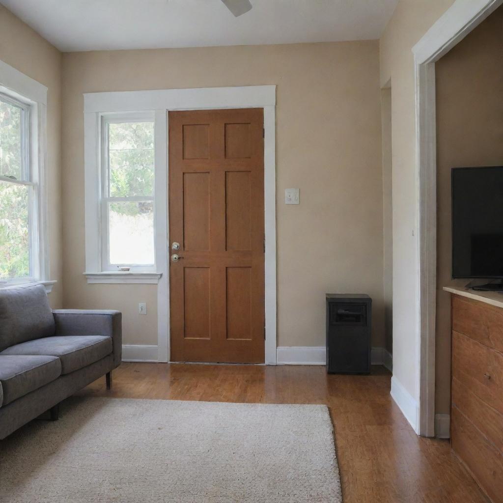 Front view of a house interior with the main door positioned to the left and the remainder of the space filled with a window and a TV stand.