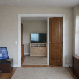 Front view of a house interior with the main door positioned to the left and the remainder of the space filled with a window and a TV stand.