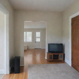 Front view of a house interior with the main door positioned to the left and the remainder of the space filled with a window and a TV stand.