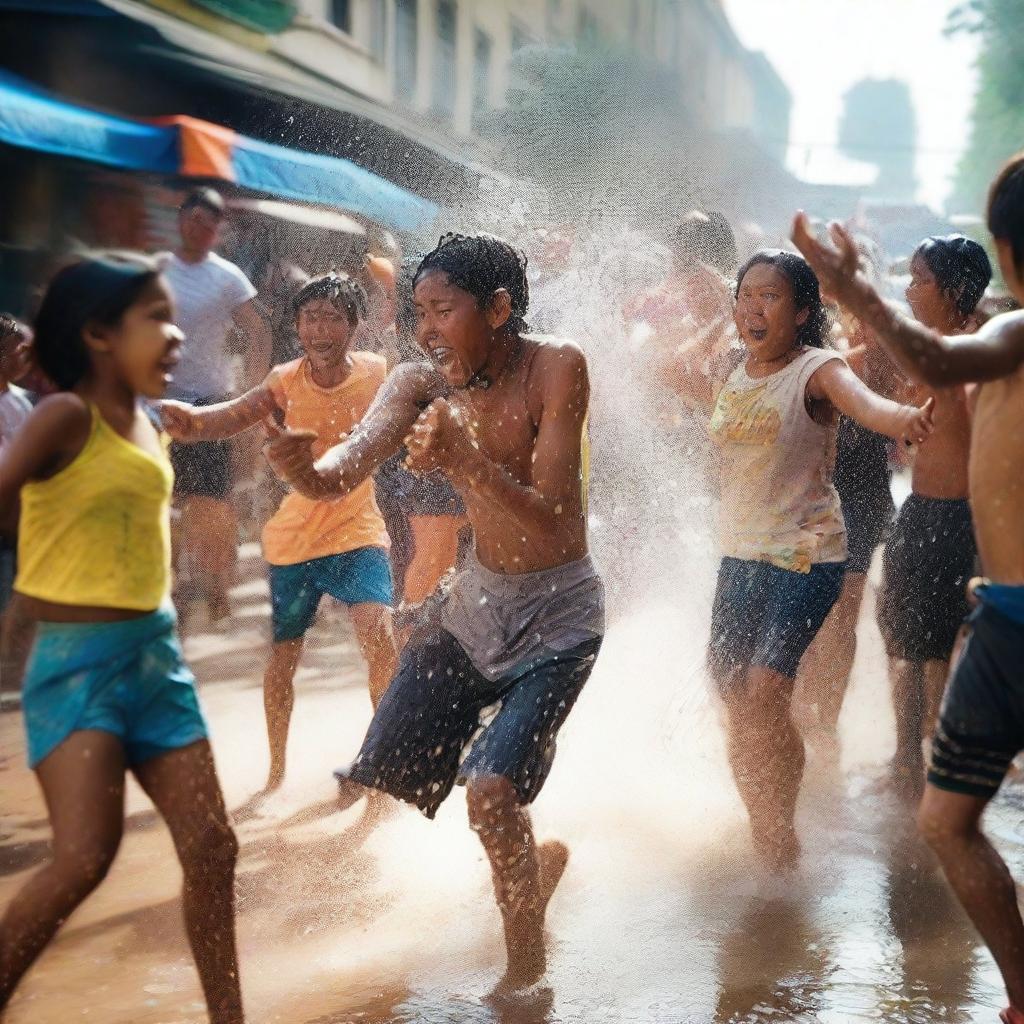 A high-quality, realistic photograph captures the joyous atmosphere of a water festival