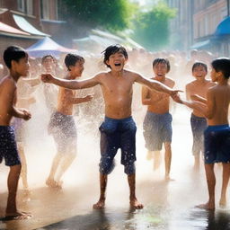 A high-quality, realistic photograph captures the joyous atmosphere of a water festival