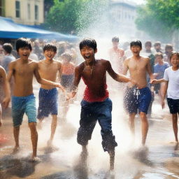 A high-quality, realistic photograph captures the joyous atmosphere of a water festival