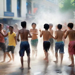 A high-quality, realistic photograph captures the joyous atmosphere of a water festival