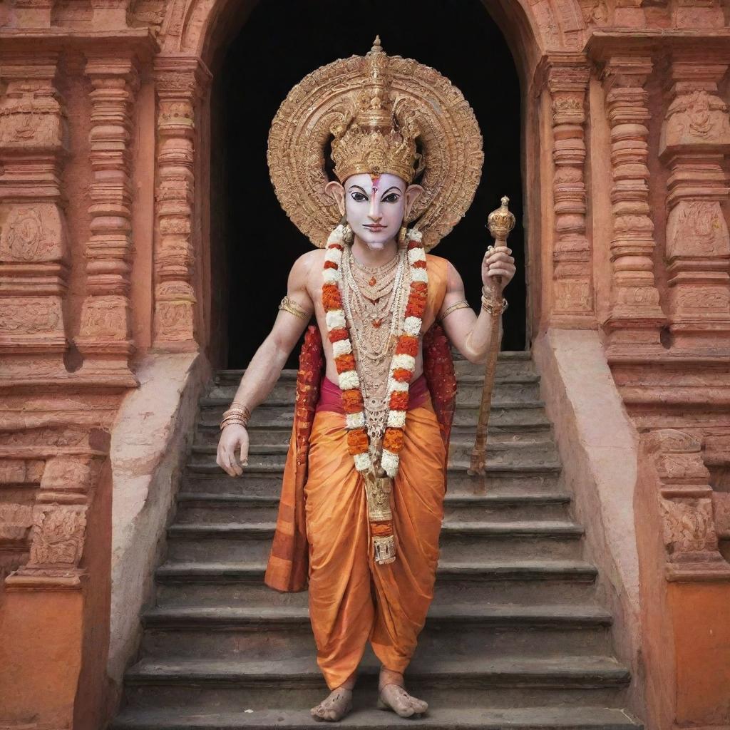 Ram deity walking up the stairs of a grand and richly adorned Ram Mandir.