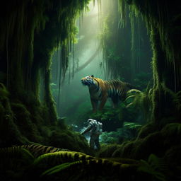 The previous image of an astronaut wandering through the lush rainforest, now woven in with a majestic, prowling tiger in the foreground.