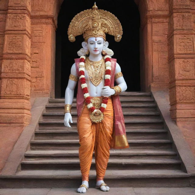 Ram deity walking up the stairs of a grand and richly adorned Ram Mandir.